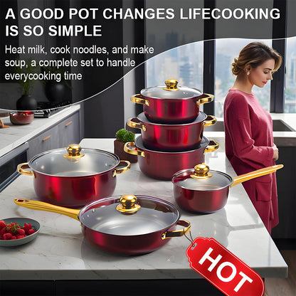 Red Cookware Set, 12-Piece, Stainless Steel, Non-Stick