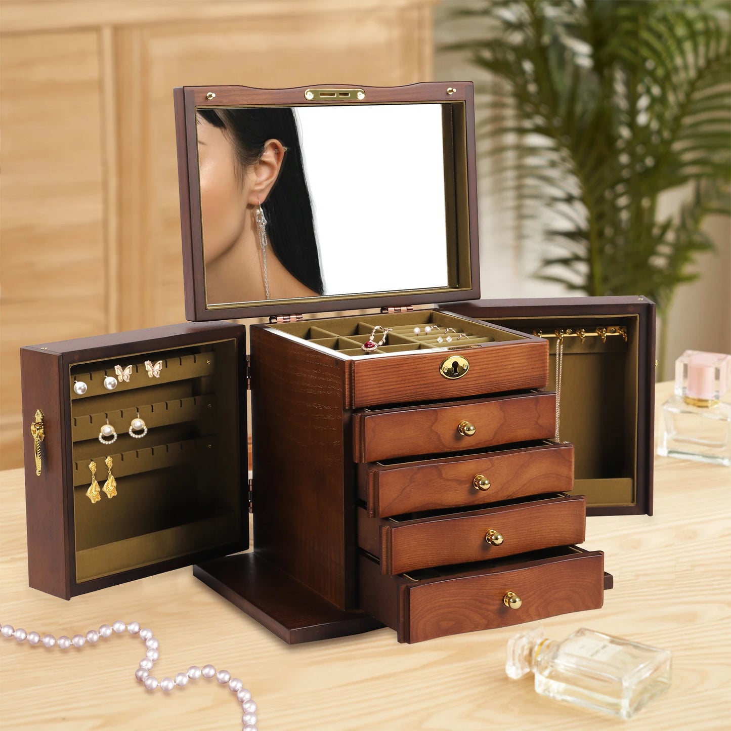 Combo Lock Wooden Jewelry Box with Mirror