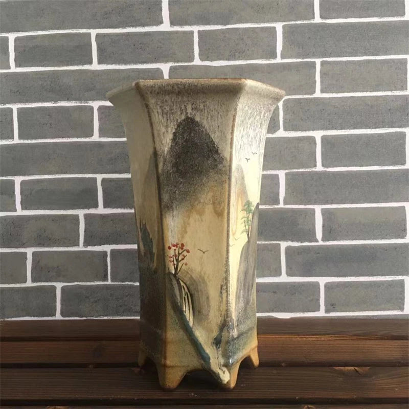 Hand Carved Ceramic Bonsai Pot with Base