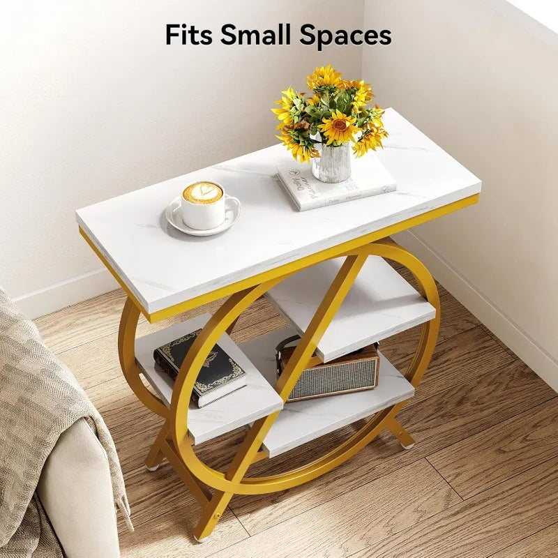 Narrow Faux Marble Side Table White/Gold