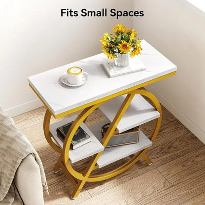 Narrow Faux Marble Side Table White/Gold