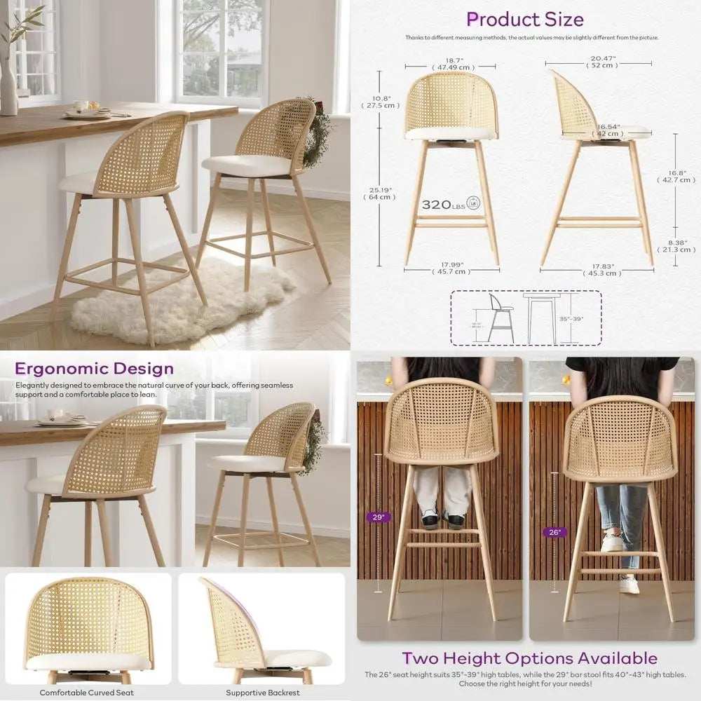 Rattan Backrest Swivel Counter Bar Stools Set of 2