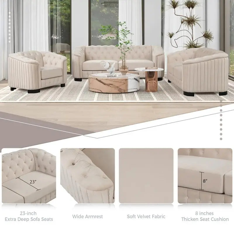 3-Piece Sofa Set with Rubber Wood Legs