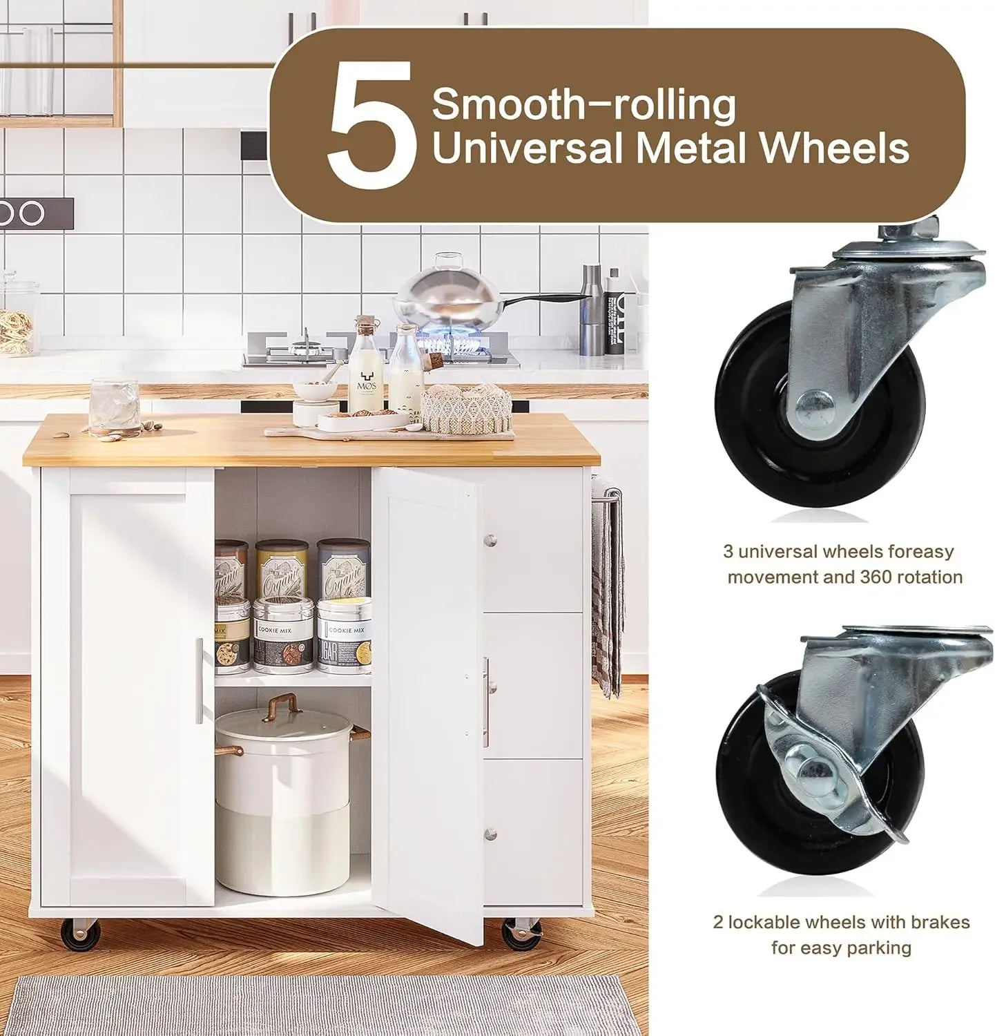 Rolling Kitchen Table with Foldable Drop Leaf
