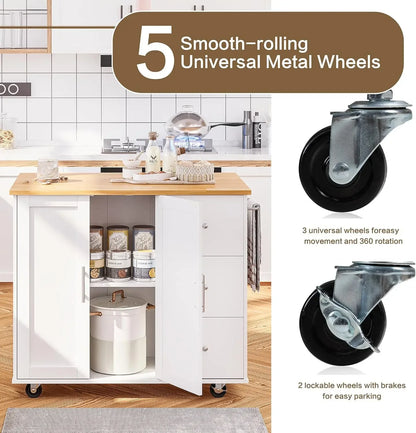 Rolling Kitchen Table with Foldable Drop Leaf