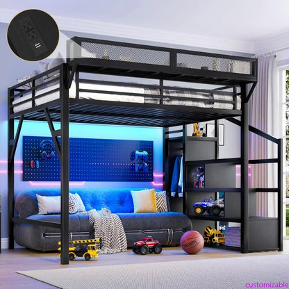 Metal Loft Bed Frame with Storage Stairs