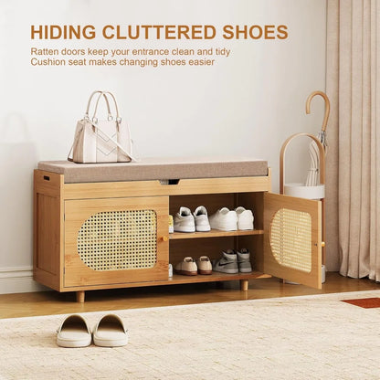 Rattan shoe storage bench, bamboo entryway bench