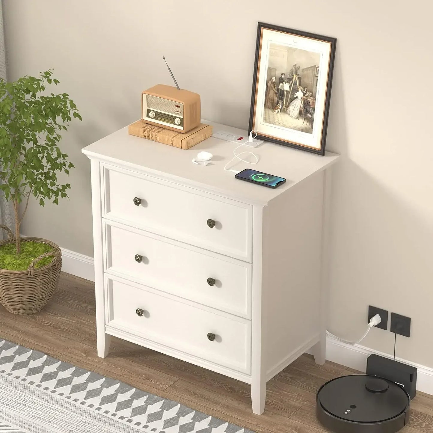 Solid Wood Nightstand with 3 Drawers and Power Outlet