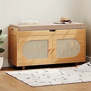 Rattan shoe storage bench, bamboo entryway bench