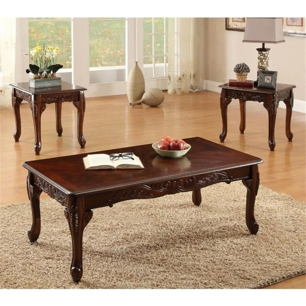 Dark Cherry Solid Wood Coffee Table Set