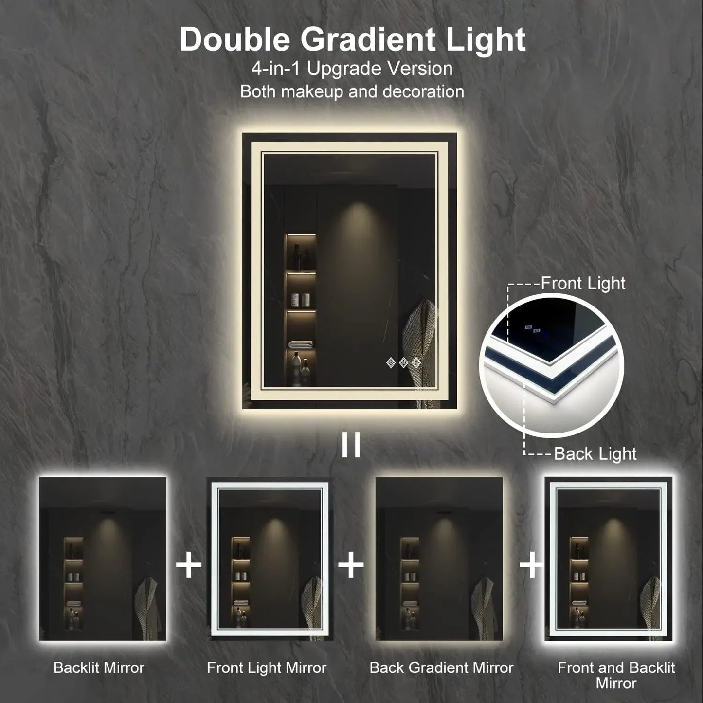 LED Bathroom Mirror, Gradient Front and Backlit