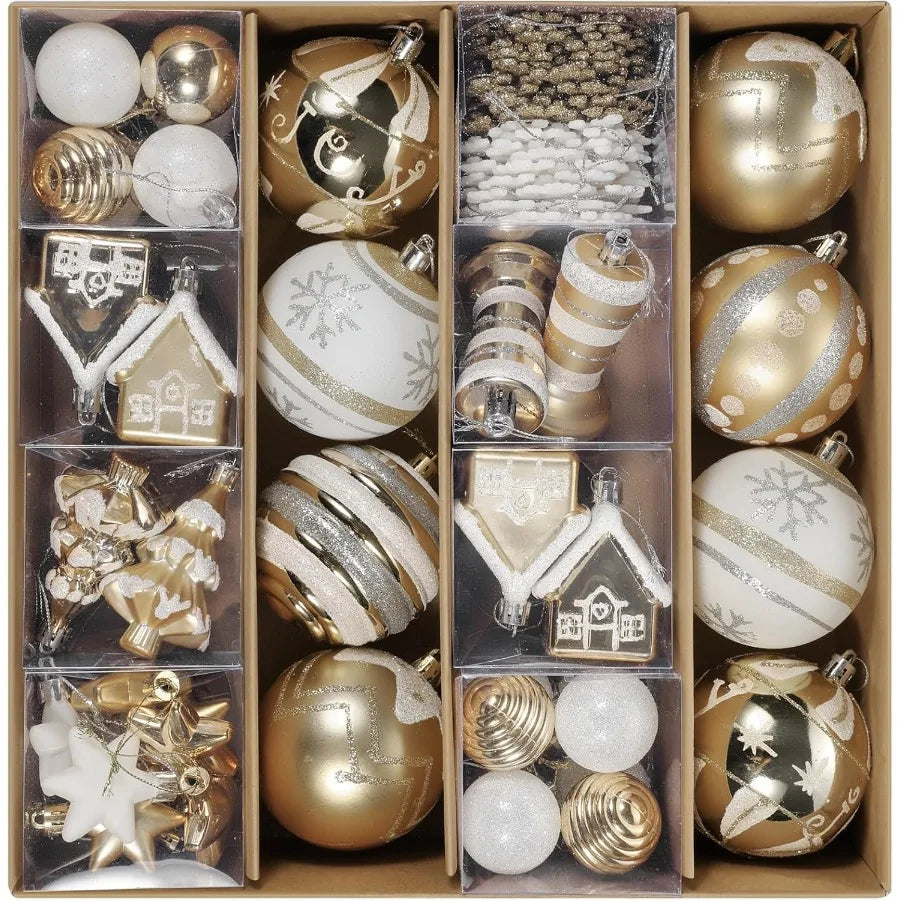 60Pc Shatterproof White Gold Assorted Christmas Ornaments