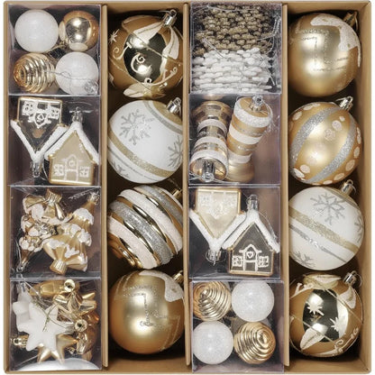 60Pc Shatterproof White Gold Assorted Christmas Ornaments