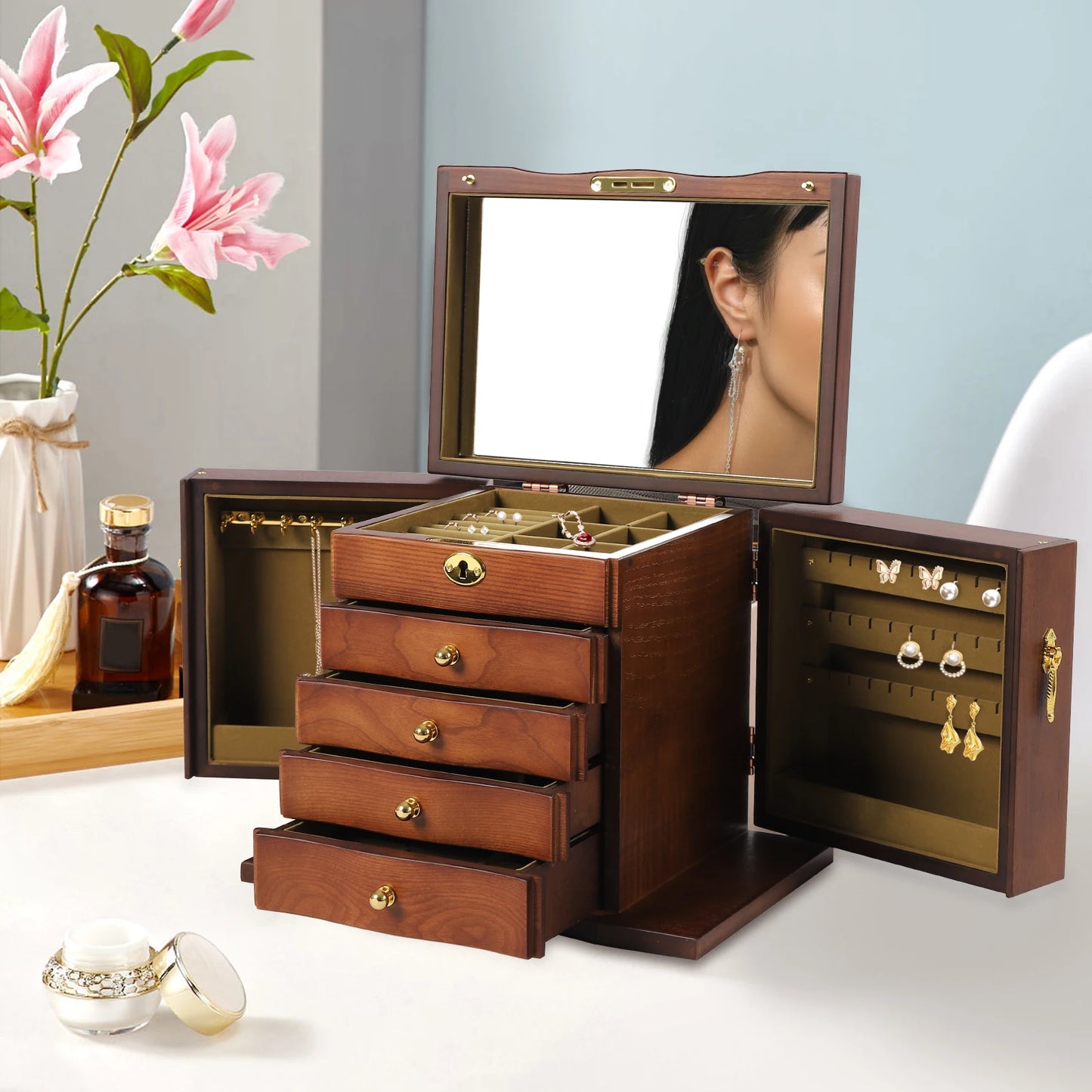 Combo Lock Wooden Jewelry Box with Mirror