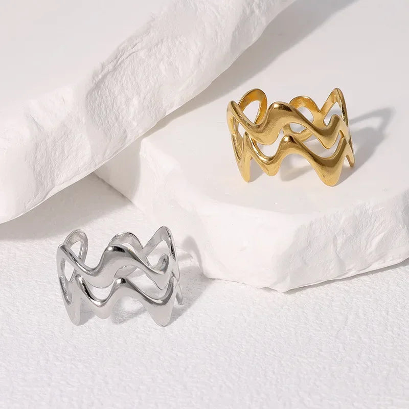 Stainless Steel Irregular Wave Rings, Adjustable Opening