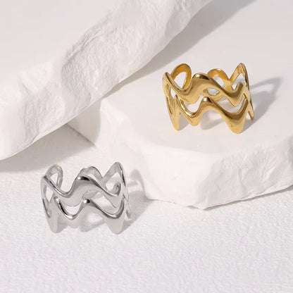 Stainless Steel Irregular Wave Rings, Adjustable Opening