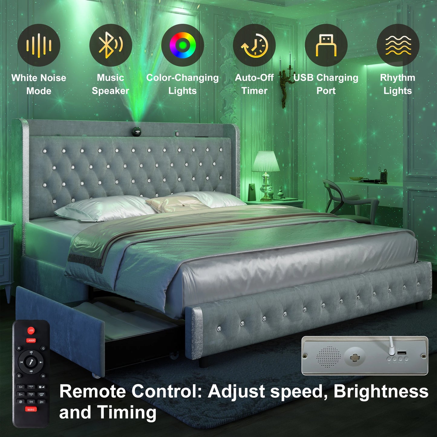 Queen LED Bed Frame with Galaxy Projector