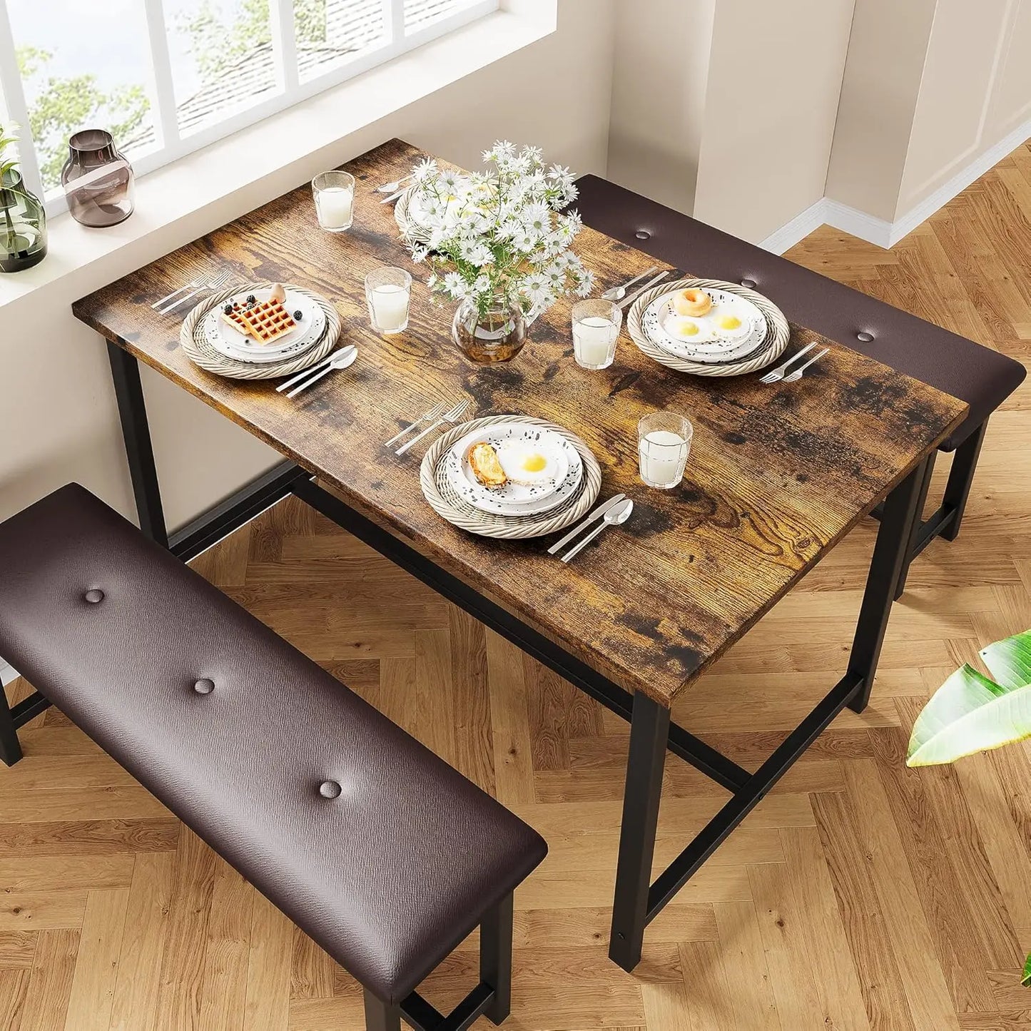 Rectangular Dining Table Set With Upholstered Benches