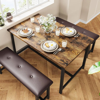 Rectangular Dining Table Set With Upholstered Benches