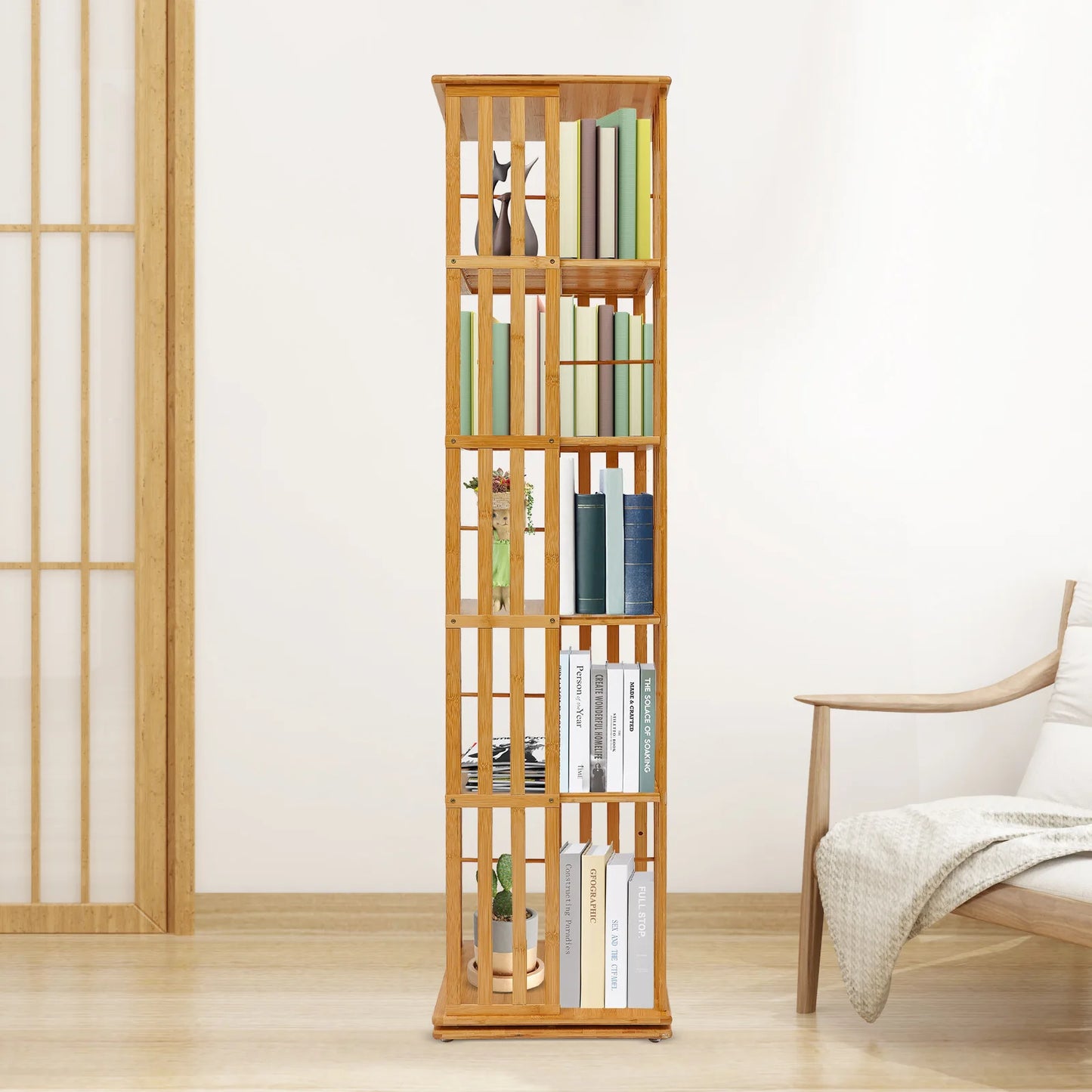 5-Tier Bamboo Rotating Bookcase,Tan/Wood Color
