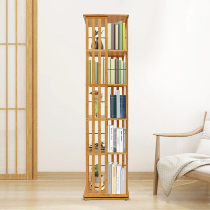 5-Tier Bamboo Rotating Bookcase,Tan/Wood Color