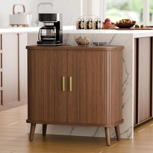 Modern walnut buffet cabinet rolling/sliding doors