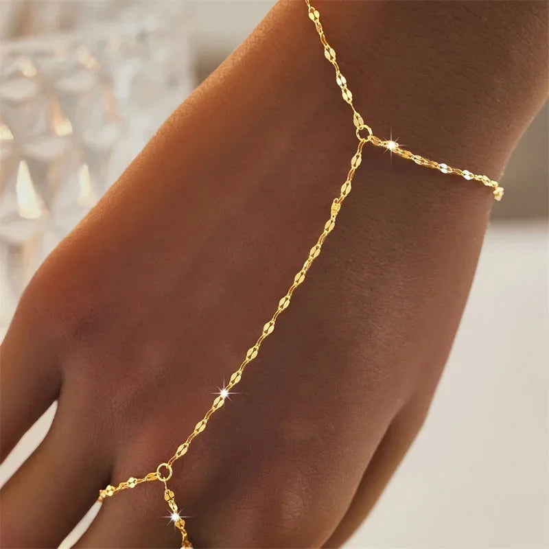 Minimalist Thin Chain Connected Finger Ring Bracelets