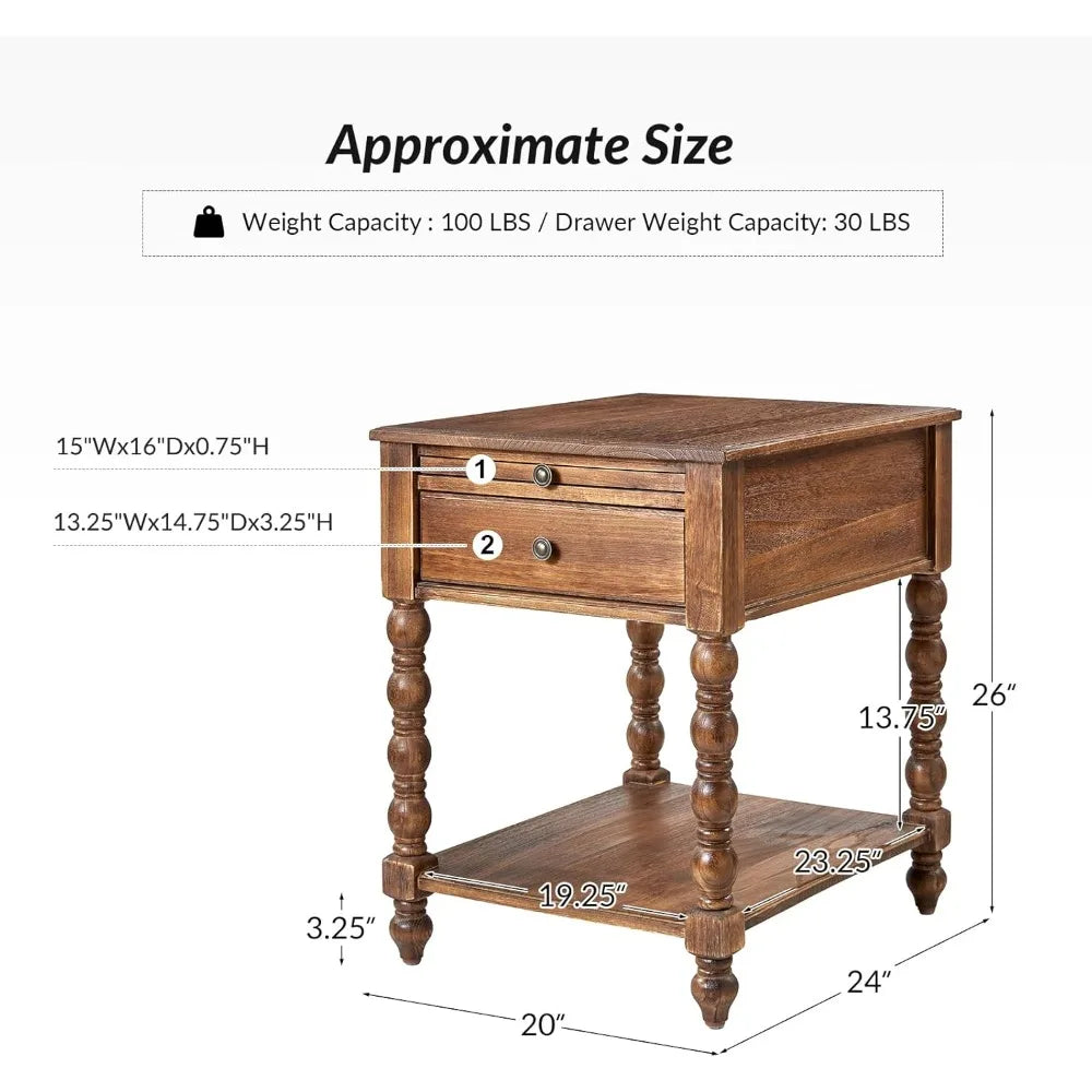 Solid Wood Spindle Nightstand with Charging Station