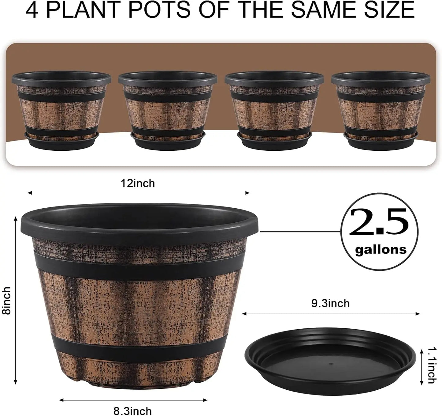 12 inch Barrel Planters Drainage Holes Saucer