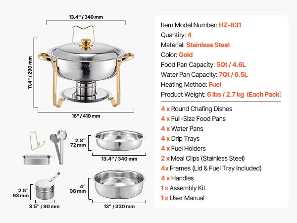 4 Pack Round Chafing Dish Buffet Set