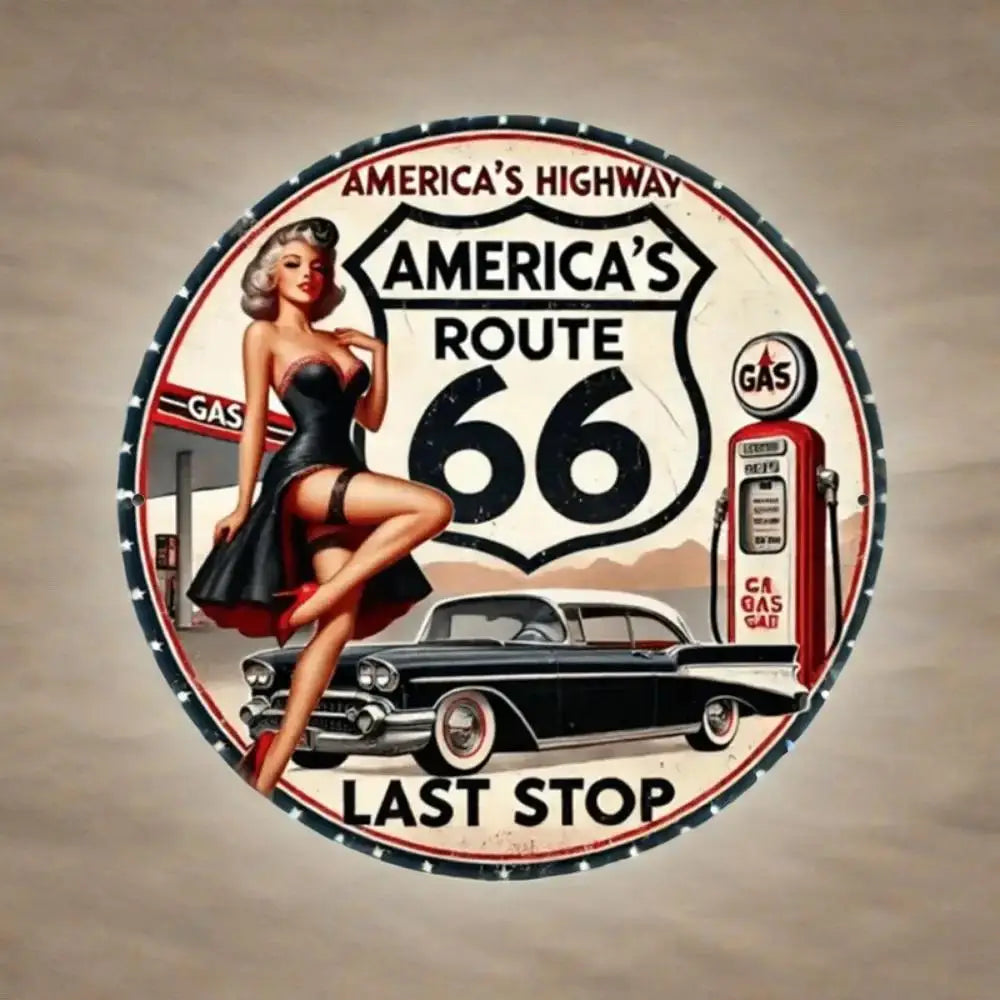 Round Vintage Route 66 Metal Sign Art
