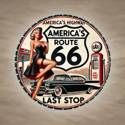 Round Vintage Route 66 Metal Sign Art