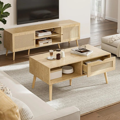 Storage Coffee Table, Rattan Drawer Table