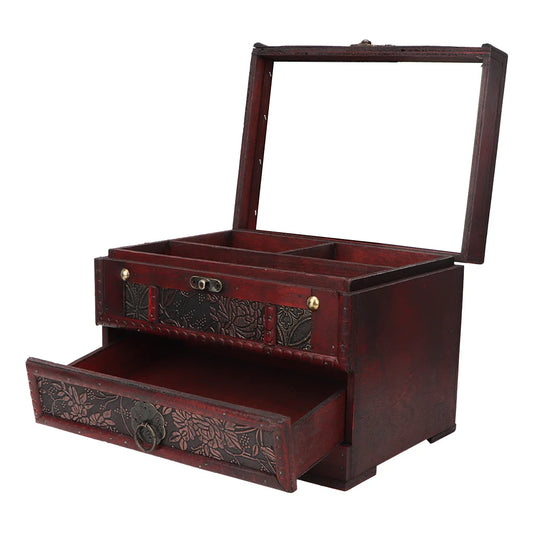 Vintage Wooden Jewelry Storage Chest with Mirror