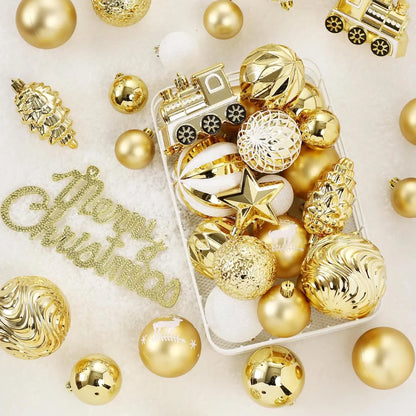 Christmas Ornaments Set, 65 pcs Gold & White Shatterproof