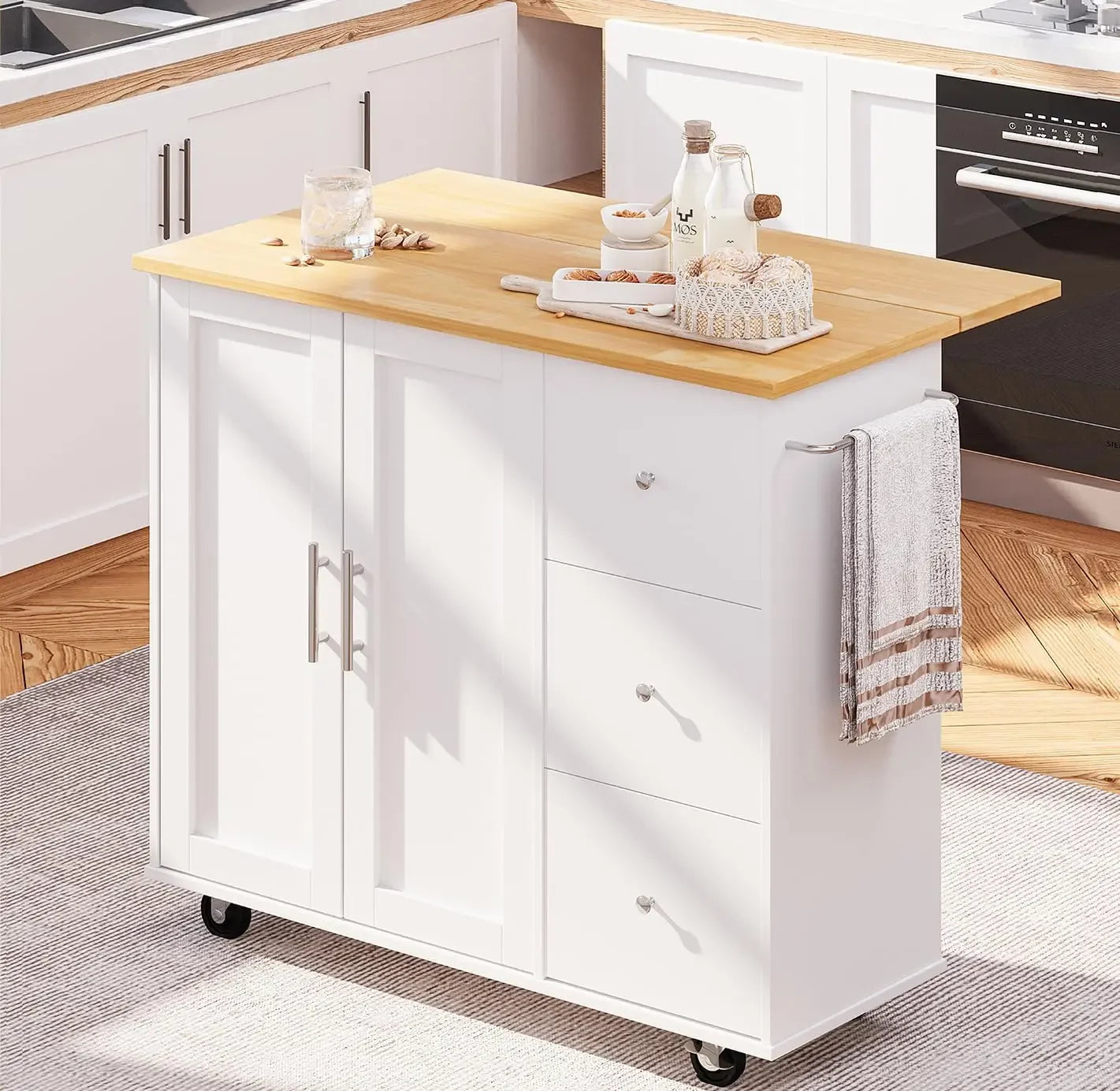 Rolling Kitchen Table with Foldable Drop Leaf