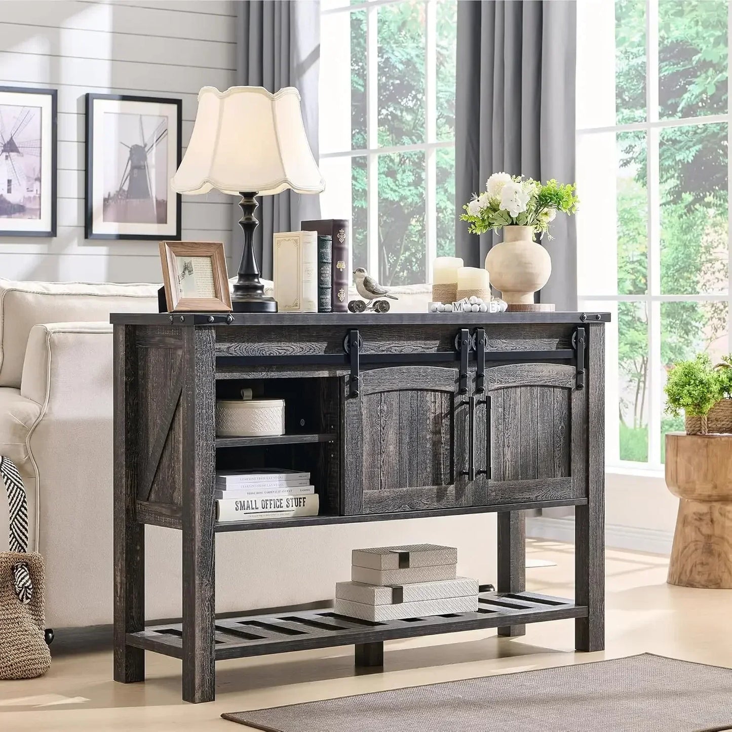 Farmhouse Entryway Table with Sliding Arch Doors