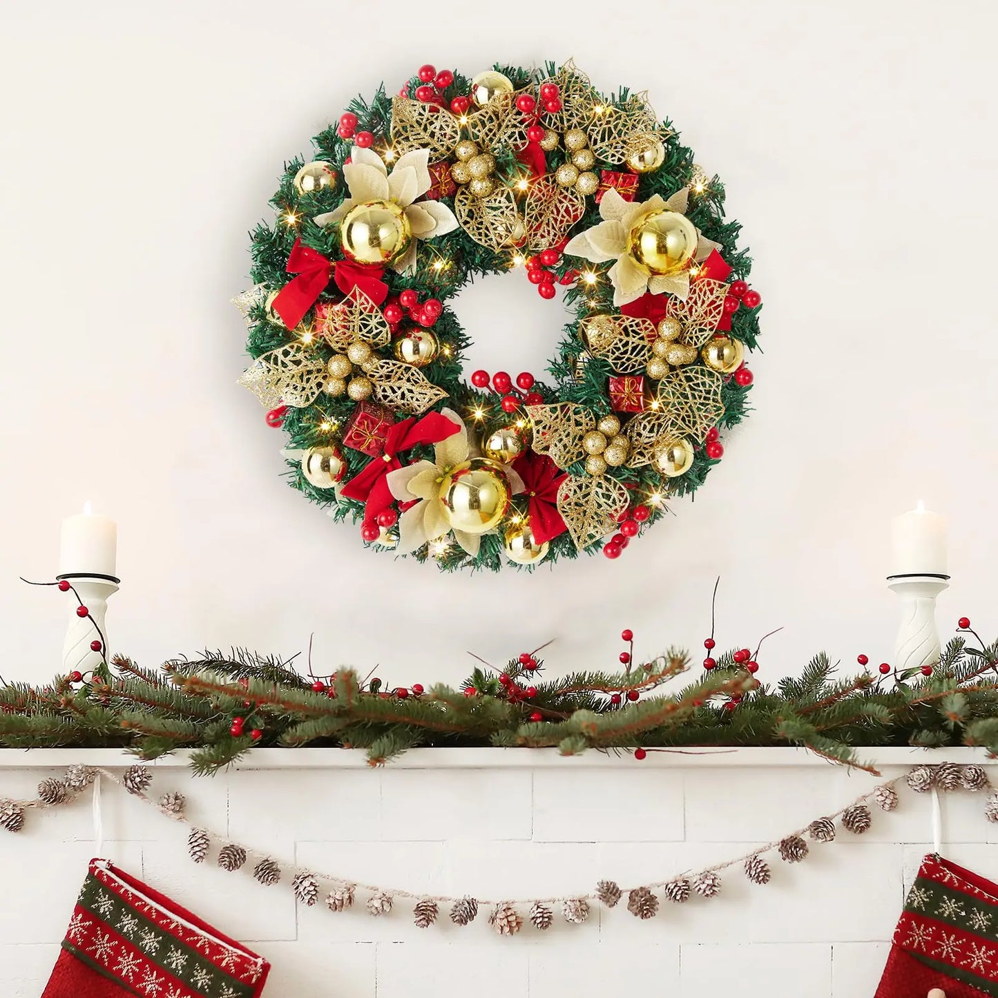 Pre-Lit Christmas Wreath, Battery Operated Christmas Wreath