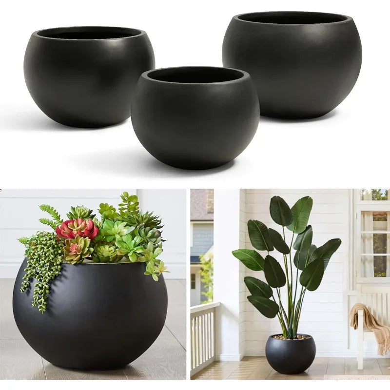 Black 16.6" Spherical Fiberstone Extra Large Planter