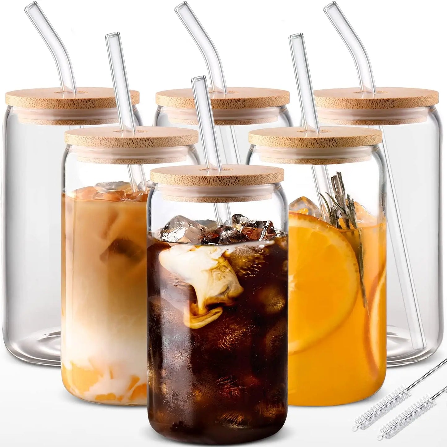 Drinking Glasses with Bamboo Lids, Glass Straw