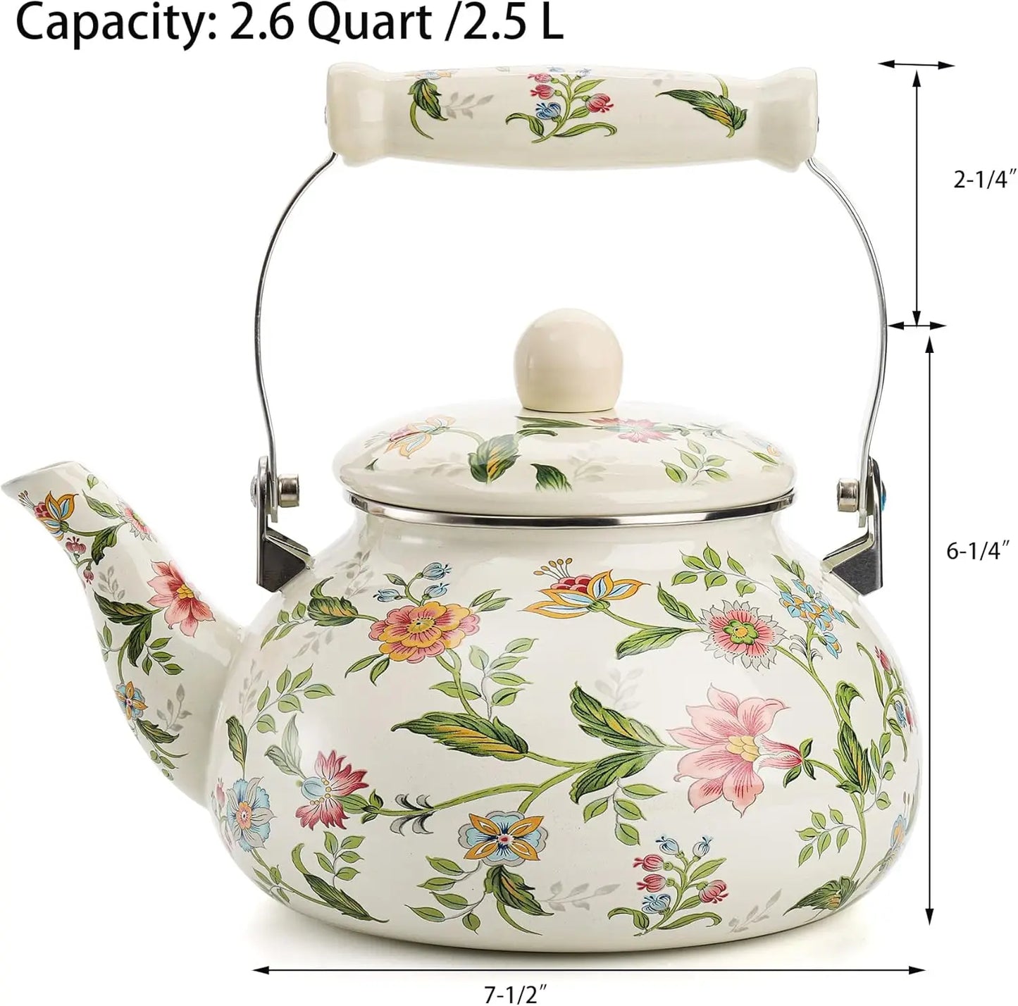 Green Floral 2.6qt Vintage Enamel Tea Kettle