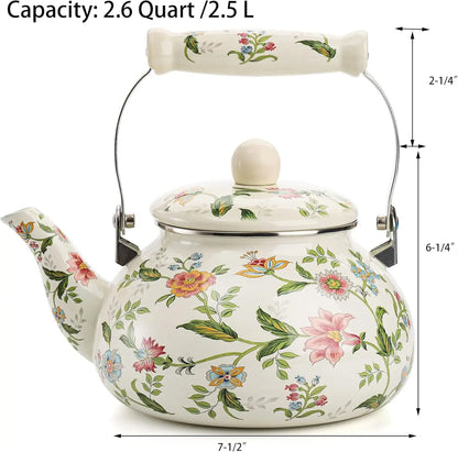 Green Floral 2.6qt Vintage Enamel Tea Kettle