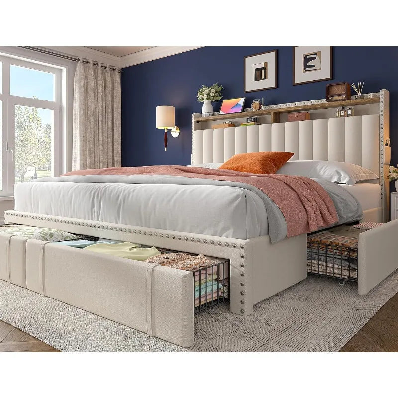 King Size Bed Frame with 4 Storage Drawers