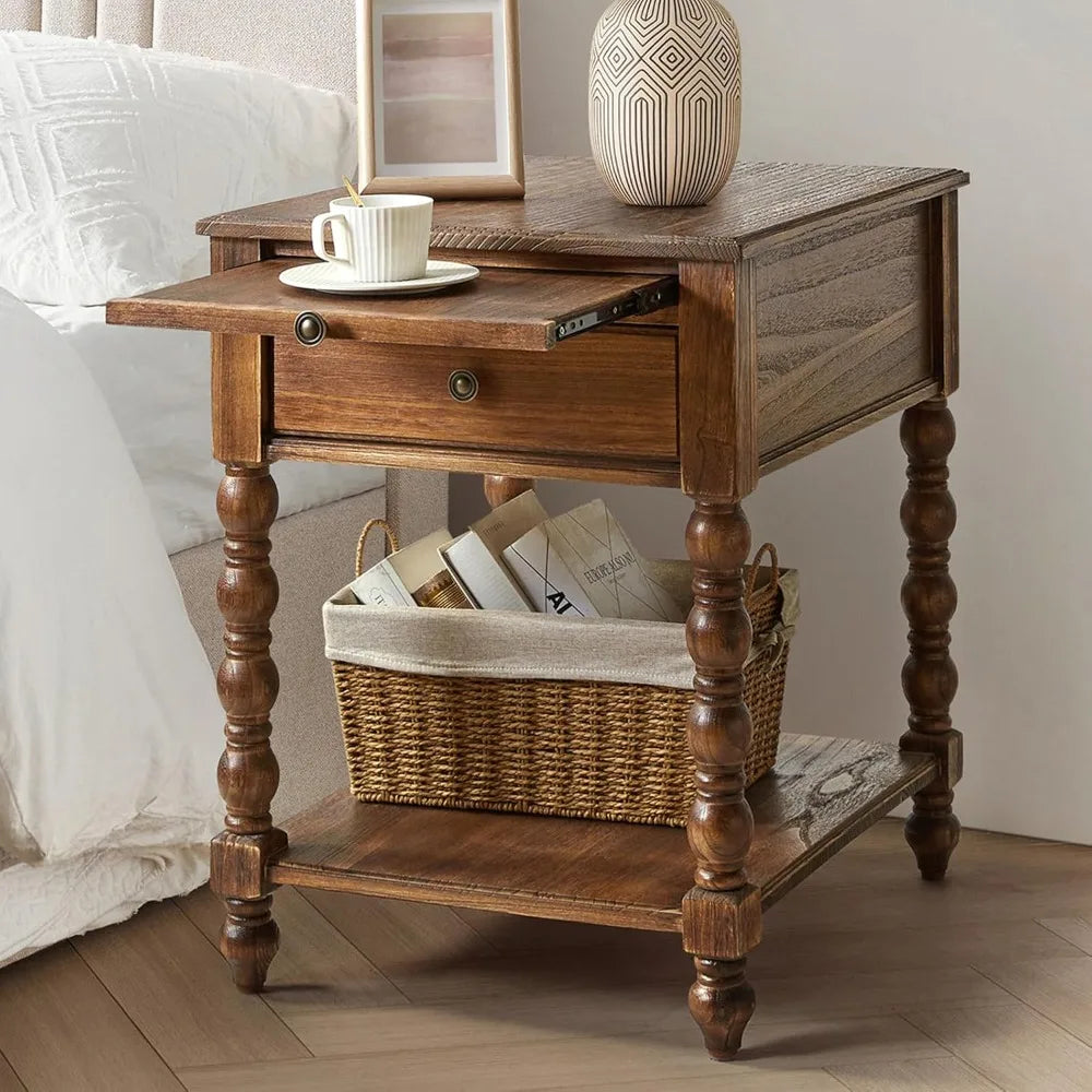 Solid Wood Spindle Nightstand with Charging Station