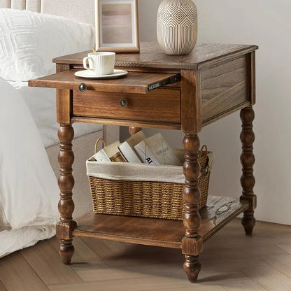 Solid Wood Spindle Nightstand with Charging Station