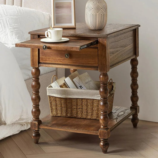 Solid Wood Spindle Nightstand with Charging Station