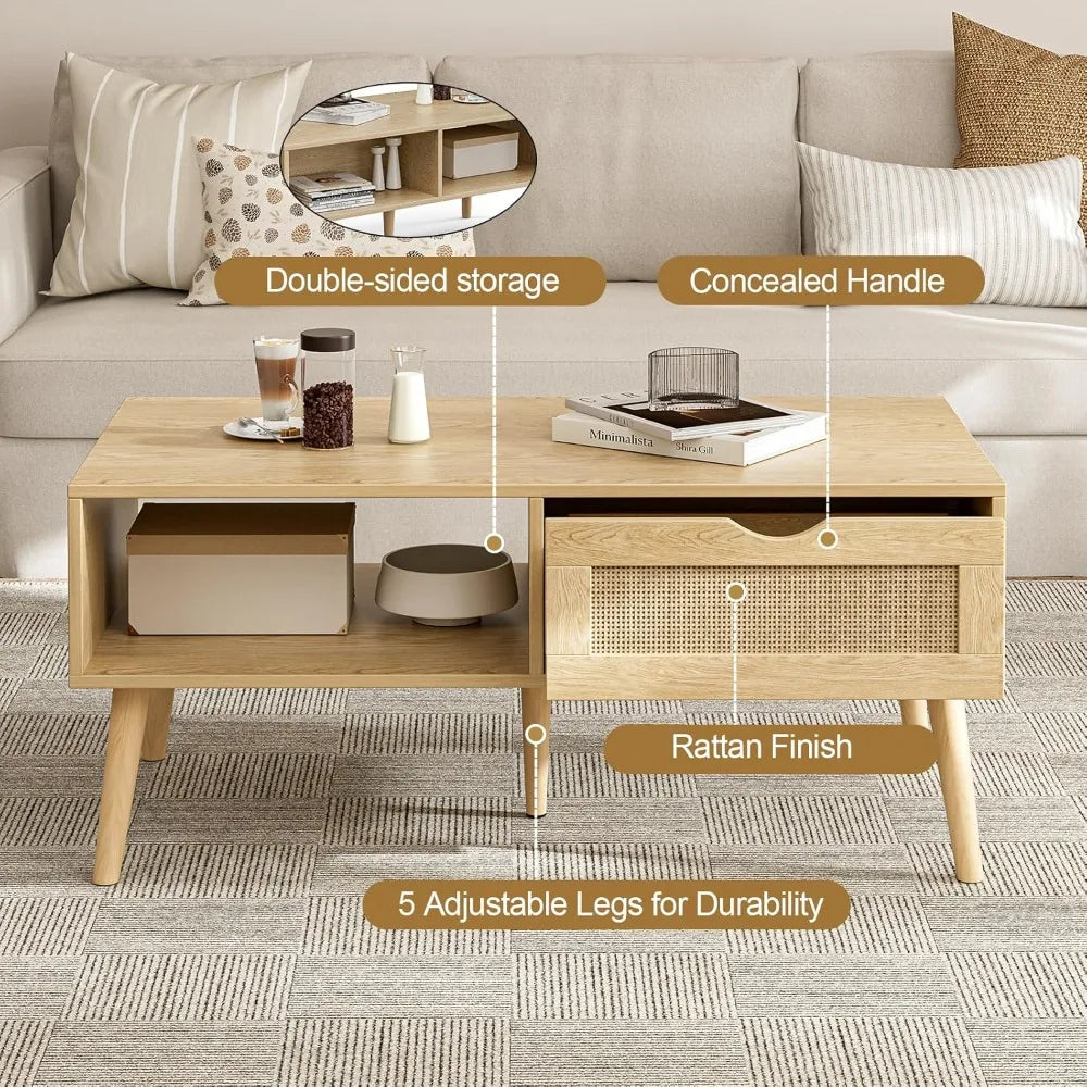 Storage Coffee Table, Rattan Drawer Table