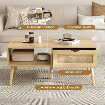 Storage Coffee Table, Rattan Drawer Table