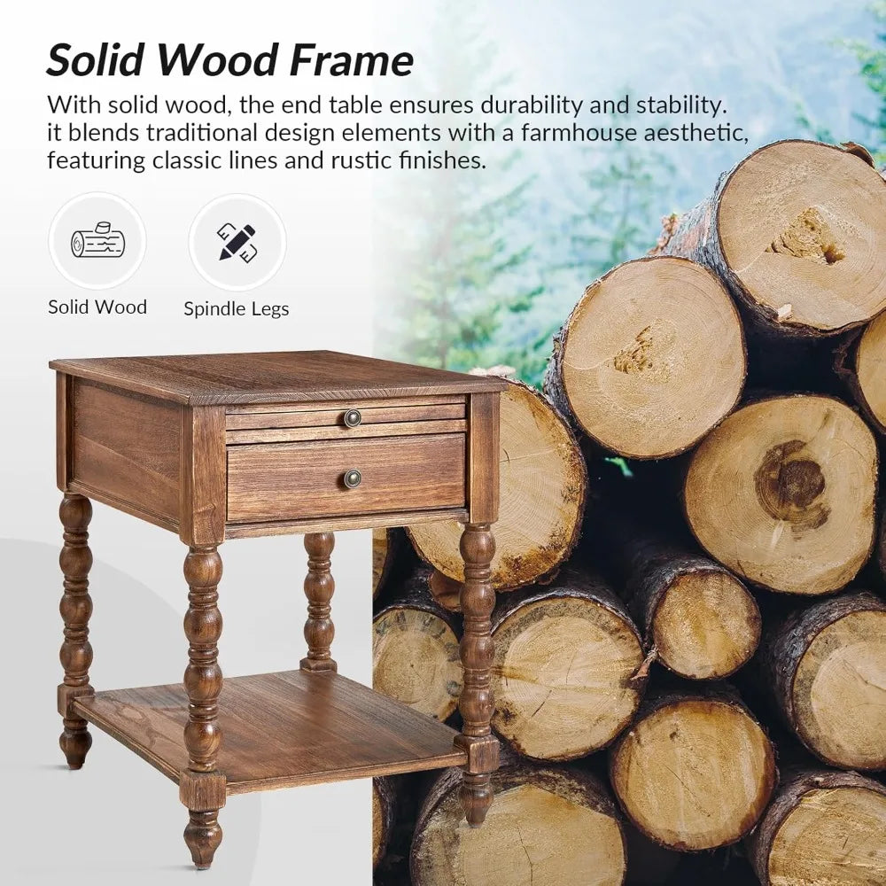 Solid Wood Spindle Nightstand with Charging Station