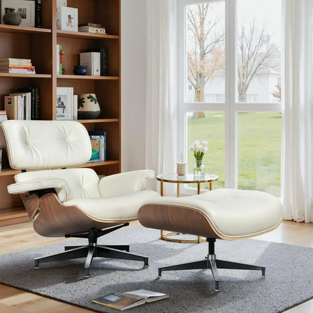 Mid-century Armchair Leather Lounge Chair, Ottoman